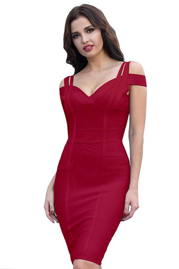 V Neck Off Shoulder Bodycon Mini Dress