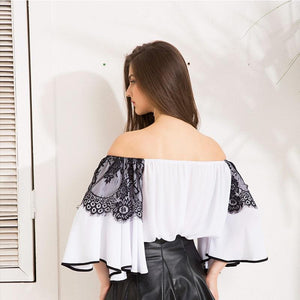 Sexy Slash Mesh Patchwork Flare Sleeve Chiffon Top Blouse Verkadi.com