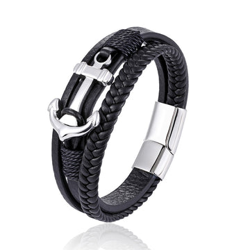 Hip Multi Layered Unisex Steel Leather Ship Anchor Bracelet