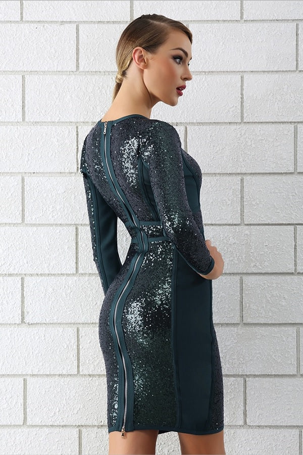 Chic Hot Deep V Neck Sequin Long Sleeve Bodycon Club Mini Dress