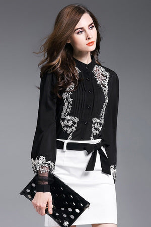 Floral Lantern Sleeves Embroidery Women Top Blouse Shirt