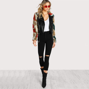 Multi Color Faux Fur Sleeve & Collar Leather Hip Jacket Verkadi.com