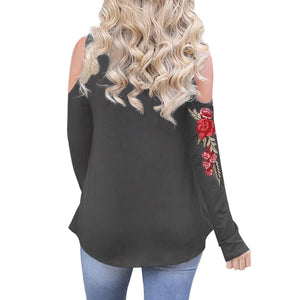 Sexy Cold Shoulder Long Sleeves Floral Embroidery Top Verkadi.com