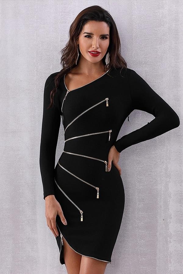 Zipper Asymmetrical One Shoulder Party Mini Dress