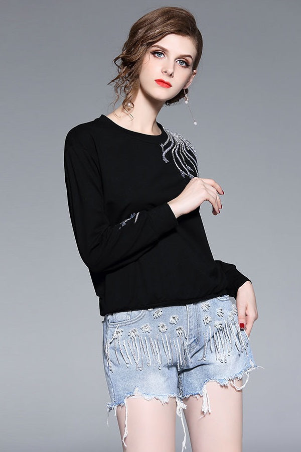 Classy Hollow Out Mesh Beading Women Top Pullover