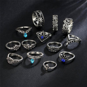 Retro Silver Lotus Blue Crystal Bohemian Midi Rings Set Verkadi.com