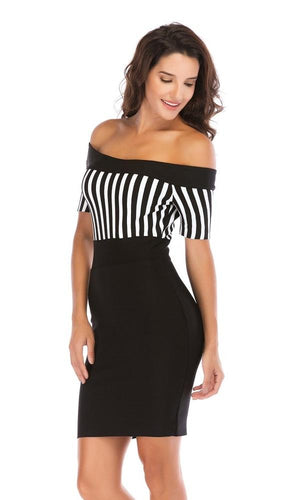 Off Shoulder Slim Striped Short Sleeve Sheath Mini Dress