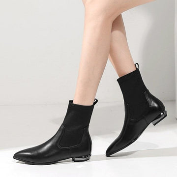 Stylish Leather Stretch Fabric Pointed Toe Martin Mid Calf Boots