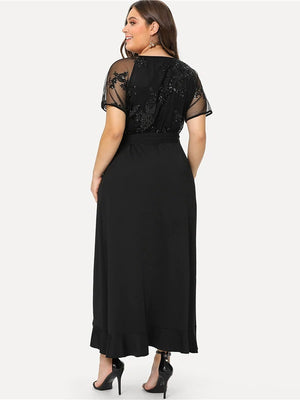 Elegant Plus Size Deep V Neck Ruffle Sequin Mesh Wrap Long Dress