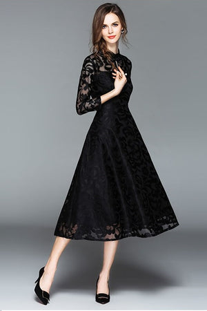 Vintage Style A-Line Big Swing Lace Mid-Calf Dress