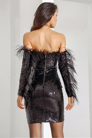 Sexy Black Feathers Strapless Sequins Party Club Mini Dress