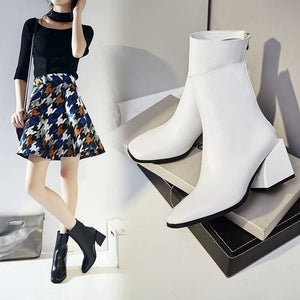 Euro Style Leather Square Toe High Heel Ankle Boots