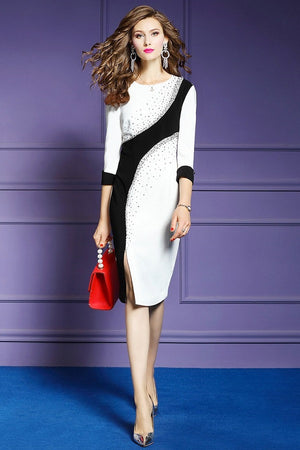 Beading Patchwork Pencil Formal Party Midi Dress