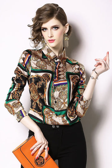 Vintage Turn-down Collar Printed Women's Shirt Blouse Top