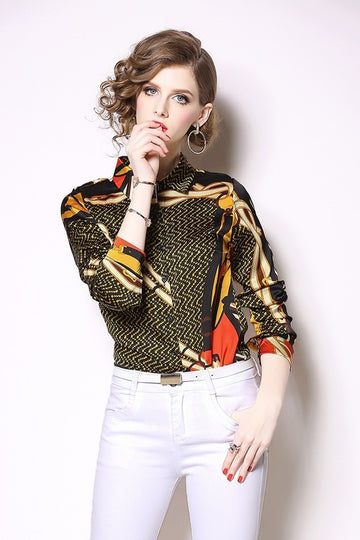 Long Sleeve Printed Women Office Shirt Blouse Top