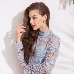 High Collar Lace Hollow Out Back Zipper Tops Blouse