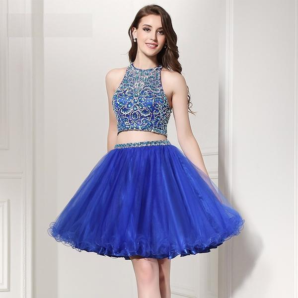 crystal two piece prom dress Sparkling Beading Two-piece Mermaid Tulle Prom Dress