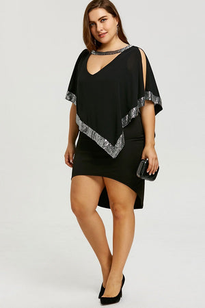 Sequined Choke V Neck Plus Size Split Sleeve Mini Dress