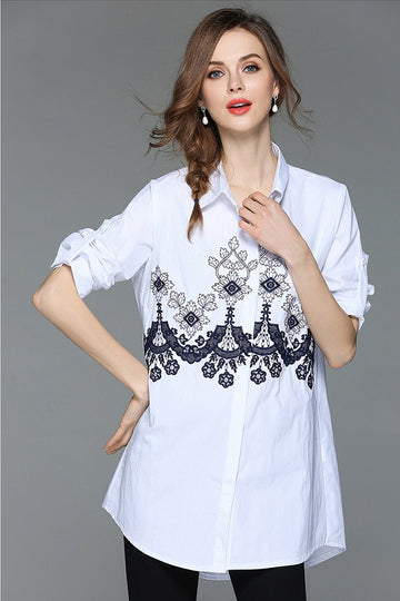 Cotton Loose Turn-Down Collar Long Blouse Shirt Top