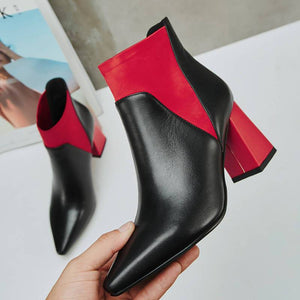 New Twin Color Pointed Toe Slip On High Heel Ankle Boots