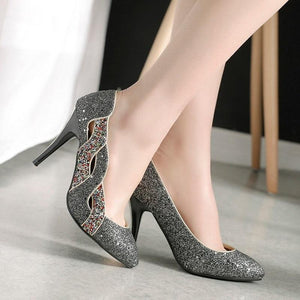 Elegant Pointed Toe Shallow Glitter Bling Heel Pump Shoes Verkadi.com