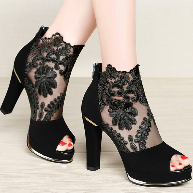 New High Heel Coarse Gauze Lace Fish Mouth Sandals Pumps