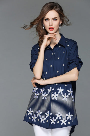 Polka Dot Embroidery Cotton Casual Loose Blouse Shirt Top