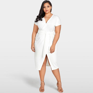 Sexy Cross Over Tie Waist Short Sleeve Midi Plus Size Dress Verkadi.com