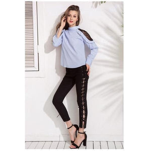 New Striped Lace Patchwork Stand Collar Top Blouse Verkadi.com