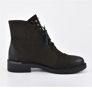 New Rivet Lace Up Chunky Low Heel Ankle Boots
