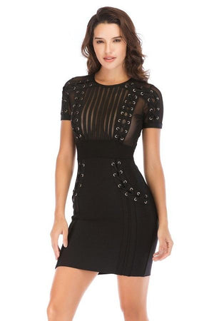 Hollow Out Patchwork Mesh Lace Up Mini Dress