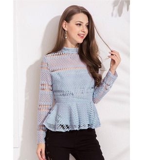 High Collar Lace Hollow Out Back Zipper Tops Blouse