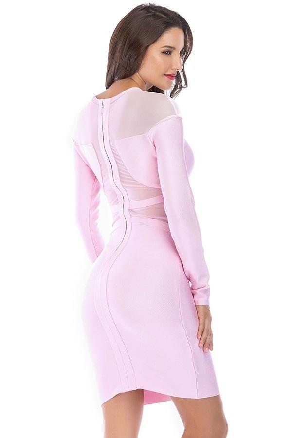 Pink Patchwork Mesh Long Sleeve Bodycon Pencil Dress