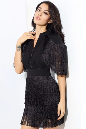 Exquisite Stand Collar Cut Out Tassel Splice Party Mini Dress