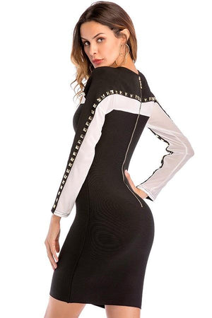 Long Sleeve Bodycon Rivets Patchwork Mesh Mini Dress