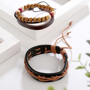 Leather Wood Beads Rope Wrap Multi-Layer Bracelet
