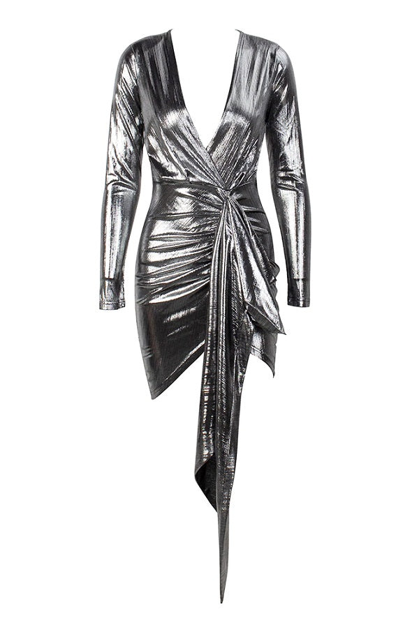 Chic Deep V-Neck Pleated Sparkling Bodycon Party Mini Dress