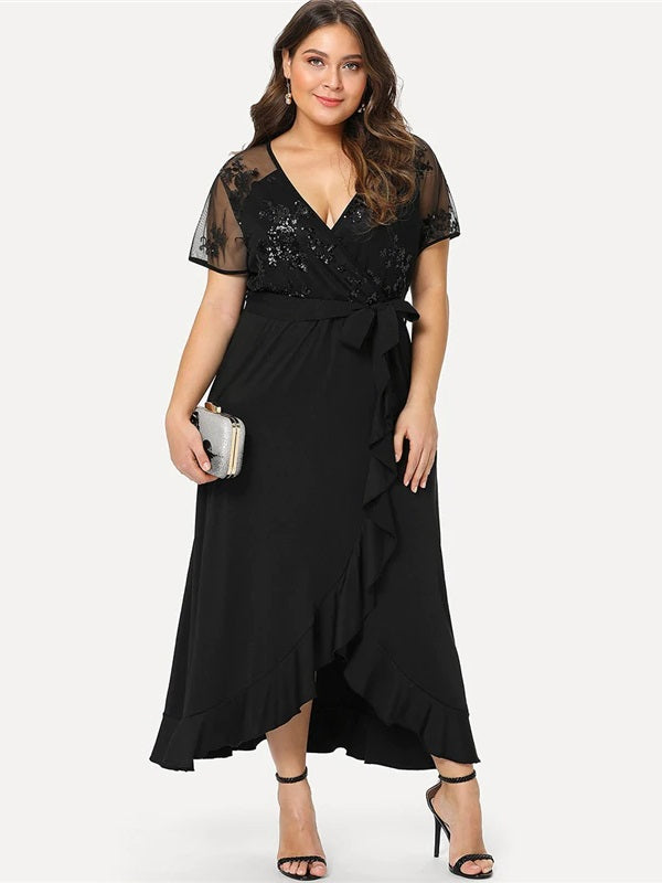 Elegant Plus Size Deep V Neck Ruffle Sequin Mesh Wrap Long Dress