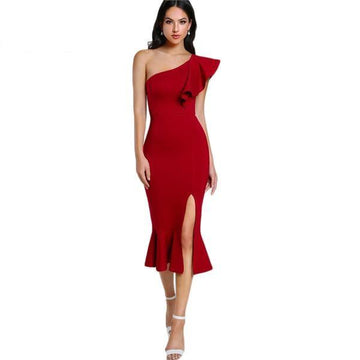 Elegant One Shoulder Ruffles Slash Neck Pencil Dress Verkadi.com