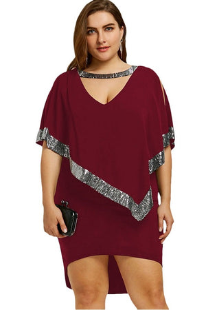 Sequined Choke V Neck Plus Size Split Sleeve Mini Dress