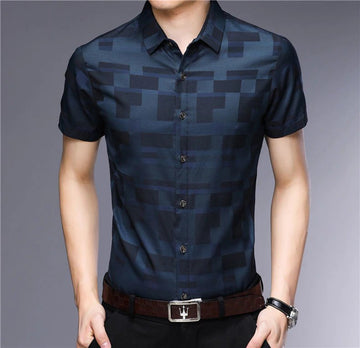 Casual Short Sleeve Slim Fit Plaid Men Shirt