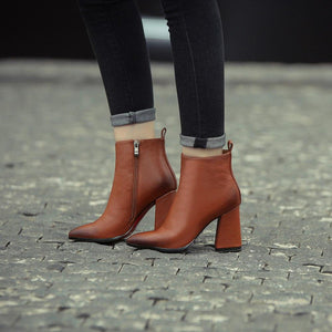 Pointed Toe Genuine Leather Square High Heel Ankle Boots