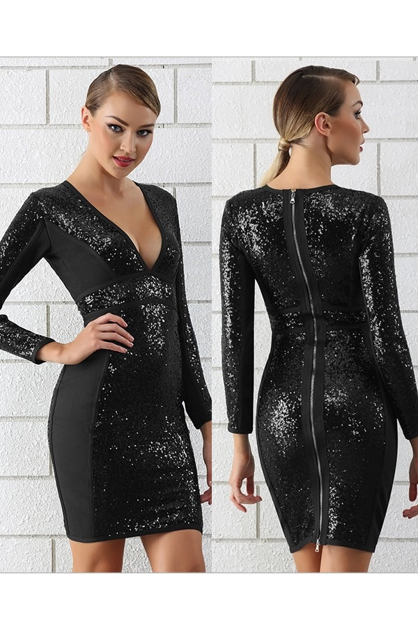 Chic Hot Deep V Neck Sequin Long Sleeve Bodycon Club Mini Dress – Verkadi