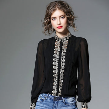 Sexy Long Sleeve Embroidery Chiffon Shirt Blouse Verkadi.com