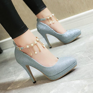 Smart High Heel Ankle Strap String Bead Pump Shoes Verkadi.com