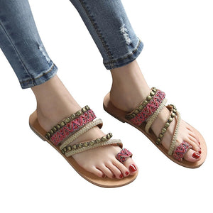 Cool Summer Bohemian Ethnic Style Flat Rhinestone Sandals