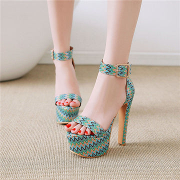 Printed Buckle Strap Covered High Heels Women Sandals