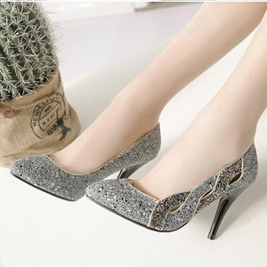 Elegant Pointed Toe Shallow Glitter Bling Heel Pump Shoes Verkadi.com