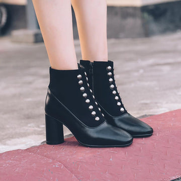Squared Toe Thick High Heels Studded Ankle Riveted Boots Verkadi.com