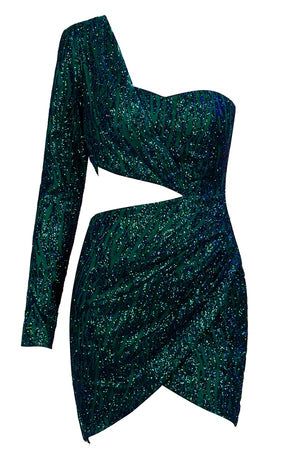 Sexy Green Cut Out Single Sleeve Glitter Party Mini Dress